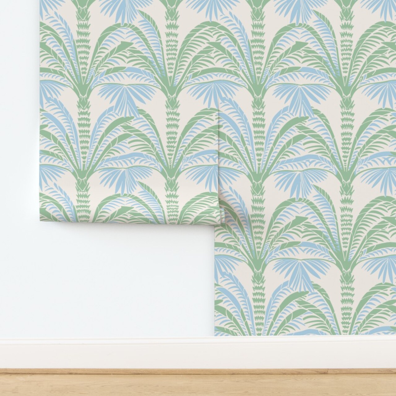 Chic Botanical Green Blue Palm Trees Tropical Leaf Grand Millennial Coastal Custom Pre-pasted Wallpaper by Spoonflower Pre-Pasted Wallpaper 2FT Wide